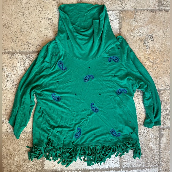 Ruby Rd Size XL Green Paisley Cowl Neck Cozy Fringe Top - Picture 1 of 9